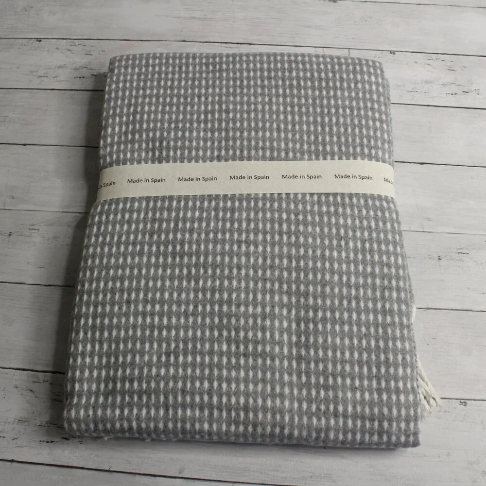 Made in Spain Throw Blanket Gray Cream with Fringe Cotton Blend